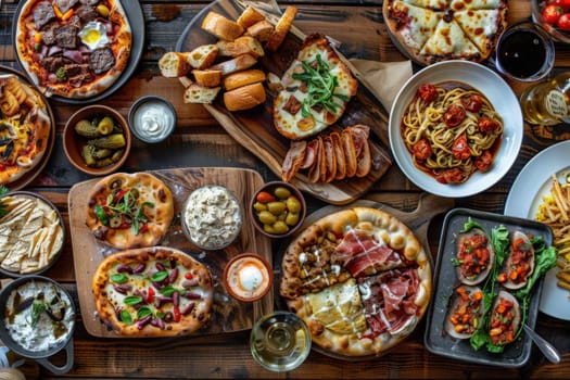 A beautifully arranged table showcasing various types of delicious and appetizing foods, from fresh fruits to savory entrees and decadent desserts.