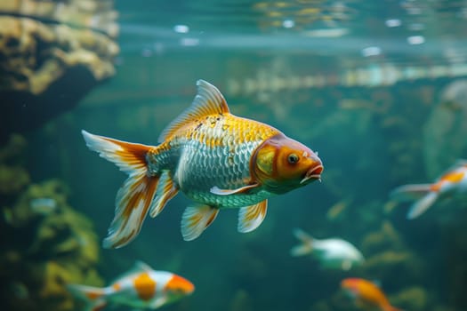 A mesmerizing underwater scene of a lively group of goldfish swimming elegantly in an aquarium, showcasing their shimmering scales and graceful movements.