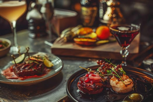 A lavish table set with a variety of delicious dishes, elegant plates of food, and sparkling glasses of wine, inviting a celebratory feast.
