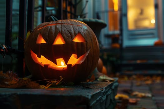 A meticulously carved jack o lantern sits serenely on a step, radiating a warm, flickering glow.