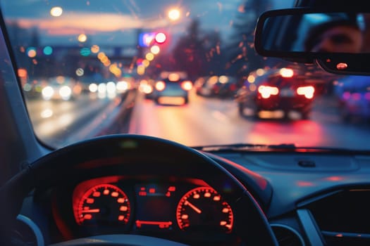 A car gracefully glides down a moonlit street, its dashboard illuminated against the dark night sky.