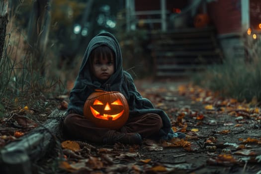 A young boy sits on the ground, cradling a jack o lantern in his arms, deep in thought.