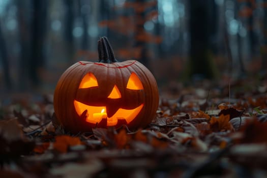 A whimsically carved pumpkin nestled in the heart of a mystical forest, exuding an aura of Halloween magic.