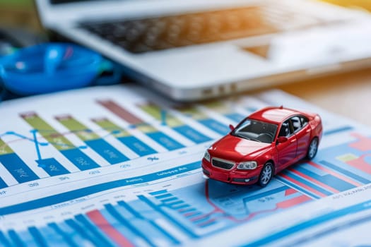 A vibrant red toy car is perched atop a table, showcasing its sleek design and playful charm.