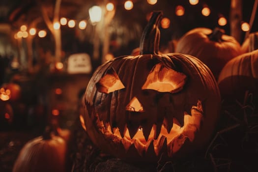 A group of intricately carved pumpkins sit atop a table, showcasing their unique designs and festive decorations.