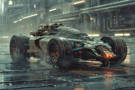 A sleek, futuristic car navigates through a rainy, glistening street.