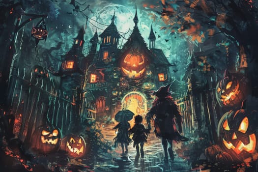 A group of people joyfully walking down a street covered in pumpkins of all shapes and sizes on a crisp fall day.