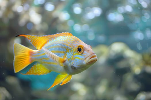 A mesmerizing close-up of a majestic fish gracefully swimming in an aquarium, showcasing its vibrant colors and intricate patterns.