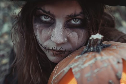 A mystical woman dressed in witch attire, tenderly holding a ripe pumpkin in her hands.