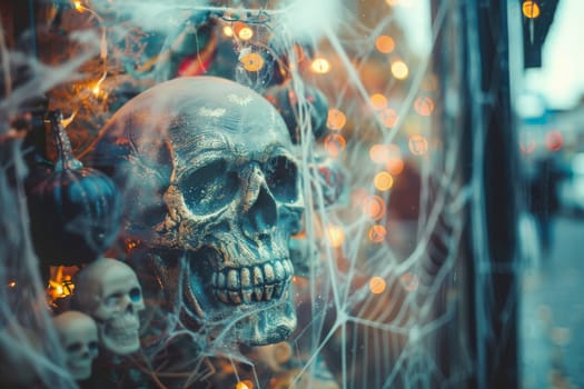 A group of skulls elegantly perched on top of a intricate spider web, creating a haunting and surreal scene.