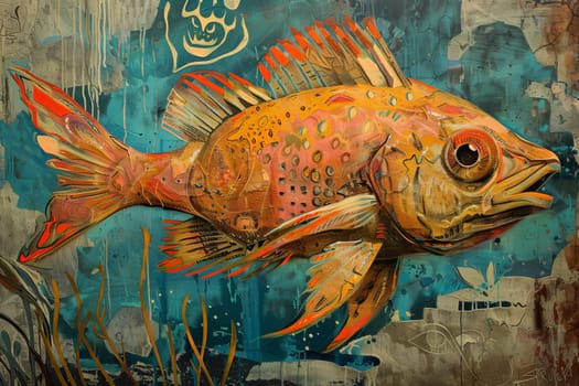 A vibrant painting featuring a colorful fish swimming gracefully with a haunting skull looming in the background.