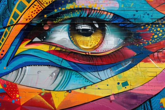 A detailed mural of a vibrant eye beautifully painted on a weathered wall, capturing the gaze and intrigue of passersby.