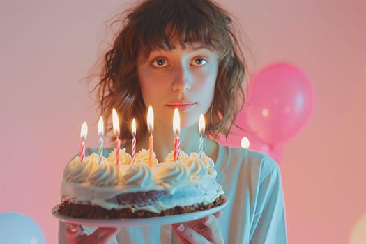 A woman joyfully holds a birthday cake topped with lit candles, ready to make a wish and celebrate a special occasion.