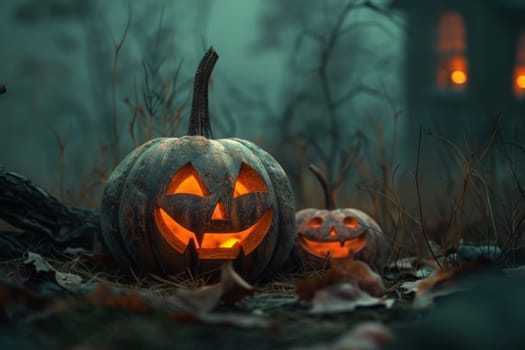 A couple of pumpkins, vibrant in orange hues, sitting peacefully in the lush green grass of a meadow.