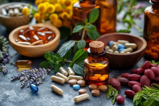 A variety of different types of pills scattered across a table, creating a colorful and artistic display of medication.
