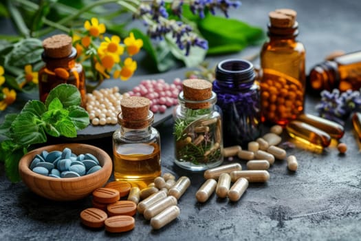 A table adorned with a collection of bottles filled with pills and vibrant flowers.