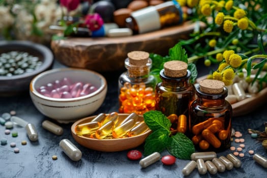 A table adorned with an array of pill bottles and vibrant flowers, creating a juxtaposition between pharmaceuticals and nature.