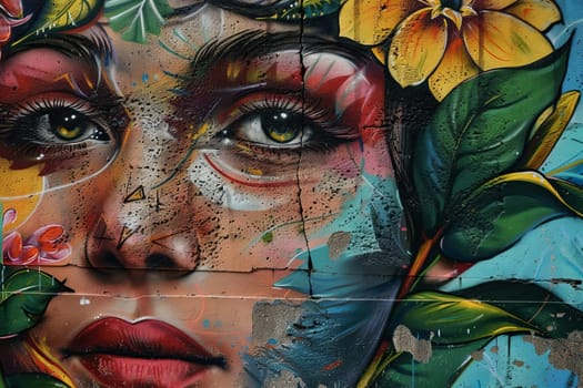 A painting of a woman adorned with vibrant flowers on her face, radiating grace and beauty.