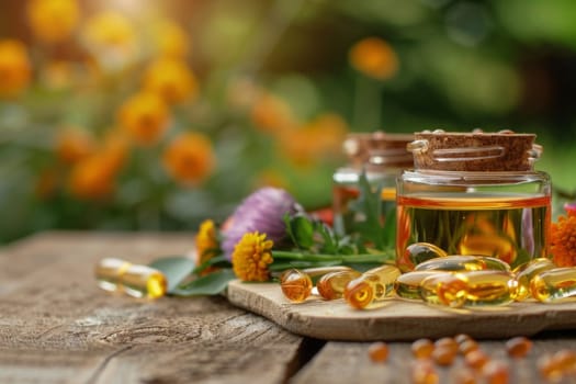 A collection of jars filled with colorful liquids sitting on a rustic wooden table, creating a magical and enchanting scene.