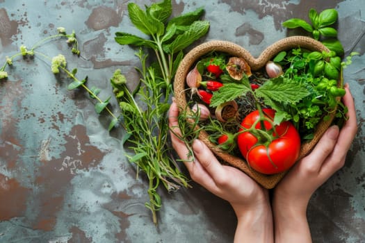 A person tenderly holds a heart-shaped basket filled with various vibrant and fresh vegetables, showcasing a love for natures bounty.