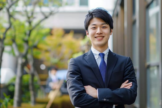 An Asian man in a tailored suit and tie stands confidently in front of a modern office building.