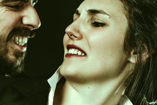 Dramatic depiction of a woman bothered or harassed by a man, highlighting the major issue of male dominance viewed as normal and unpunished