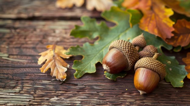 A collection of acorns is arranged neatly on top of a wooden table, showcasing their small brown shells and distinctive caps. The acorns are clustered together, creating a natural and rustic display.