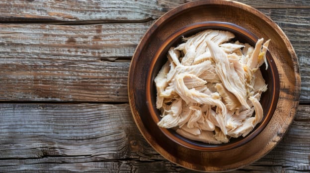A wooden bowl sits on top of a wooden table, filled with neatly arranged slices of chicken. The tables grain is visible, adding a rustic touch to the scene.