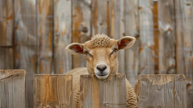 A curious white sheep is peeking over a sturdy wooden fence, its ears perked and eyes alert. The sheeps fluffy coat contrasts with the rough texture of the fence, creating a charming rural scene.