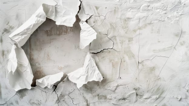 A white wall with a hole in the center, showing the structure and texture of the walls material.