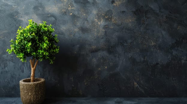 A green potted plant is placed on top of a wooden table, adding a touch of nature to the indoor space.