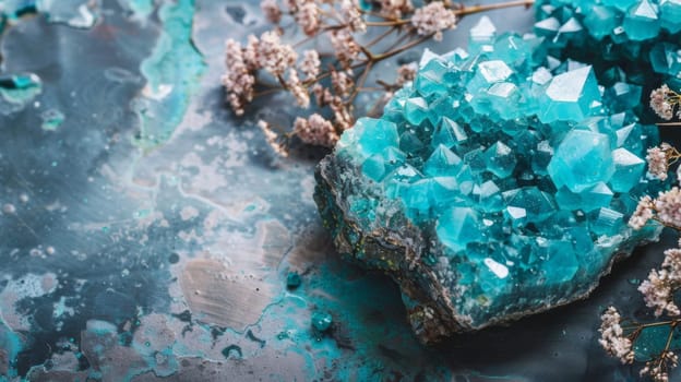 A detailed close-up view of a rock featuring vibrant blue crystals on its surface, reflecting light and showcasing intricate patterns and textures.