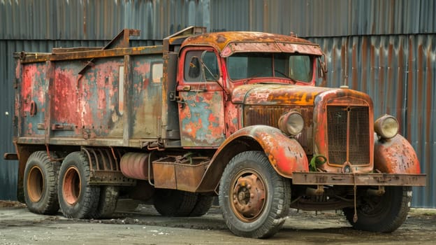 An aged and weather-beaten truck with rust covering its exterior is parked in front of a worn-down building. The vehicle shows signs of neglect and abandonment, contrasting with the urban backdrop.