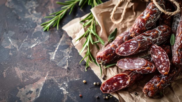 A group of sausages arranged neatly on a flat piece of paper. The sausages are varying in size and color, showcasing their textures and shapes.