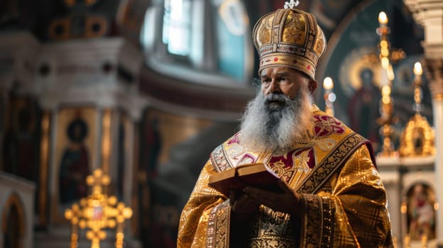 A man dressed in a priests attire stands holding an open book, appearing focused and attentive.