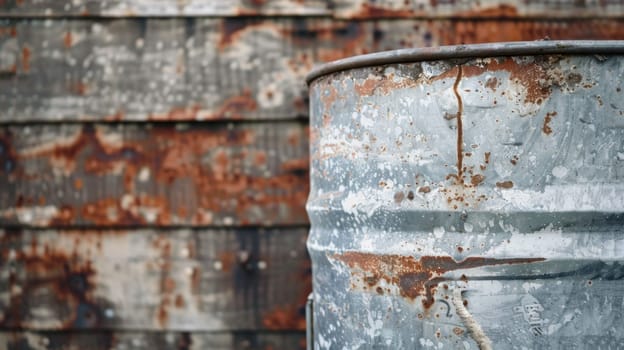 A large metal barrel is positioned beside a building, serving as storage or container for liquids or materials. The barrel appears weathered and industrial against the backdrop of the building.