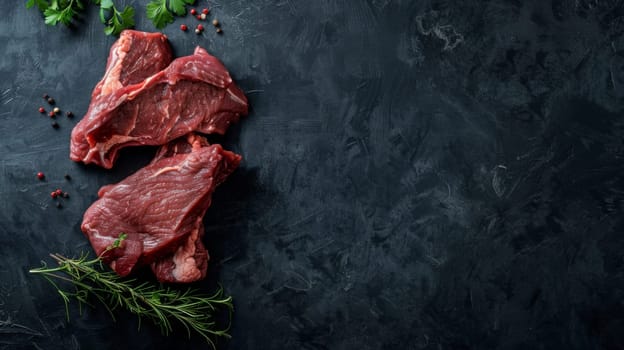 Several uncooked beef steaks seasoned with herbs and spices are displayed on a dark black surface. The marbled meat contrasts with the vibrant green herbs and colorful spices, creating a visually striking image.