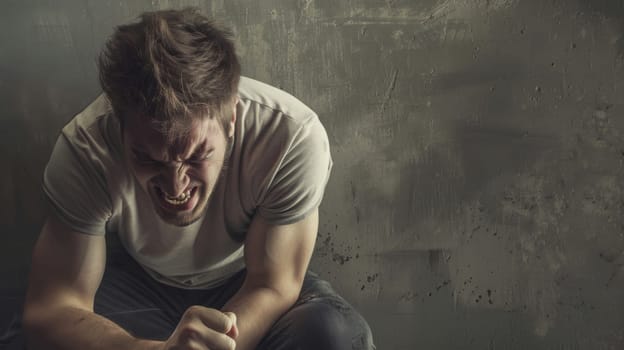 A man is seated on the ground, with his hands resting on his knees. He appears contemplative, perhaps deep in thought or reflecting on something. The posture suggests a moment of introspection or pause.