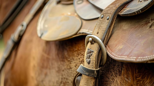 Up close view of a horses bridle and saddle, showcasing detailed craftsmanship and materials. The leather bridle is secured around the horses head, connected to the bit in its mouth. The saddle is fitted on the horses back, providing support and comfort for riders.
