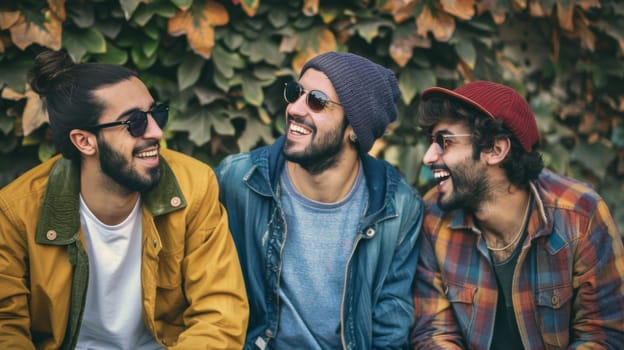 Three men of diverse backgrounds are seated closely together, displaying genuine smiles and positive body language. They exude camaraderie and friendship as they enjoy each others company in a casual setting.