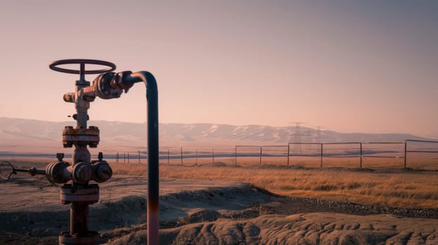 A pipe stands tall in a vast field, surrounded by rolling mountains in the distance. The industrial structure contrasts with the natural landscape, symbolizing human impact on the environment.