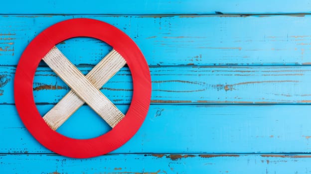 A red circle with a cross inside it stands out against a stark blue background. The simplicity of the design creates a striking visual contrast.