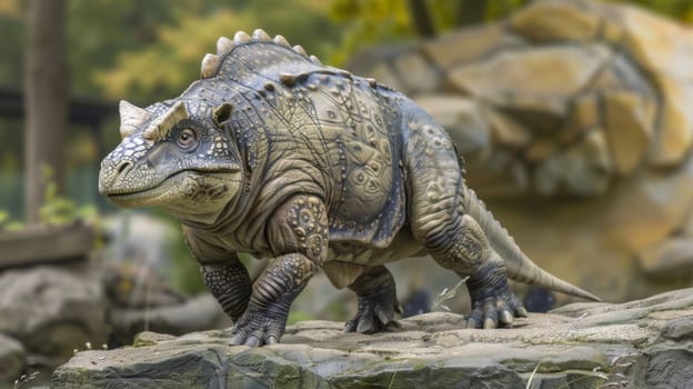 A close-up view of a toy dinosaur figurine positioned on top of a rugged rock surface, showcasing intricate details and textures.