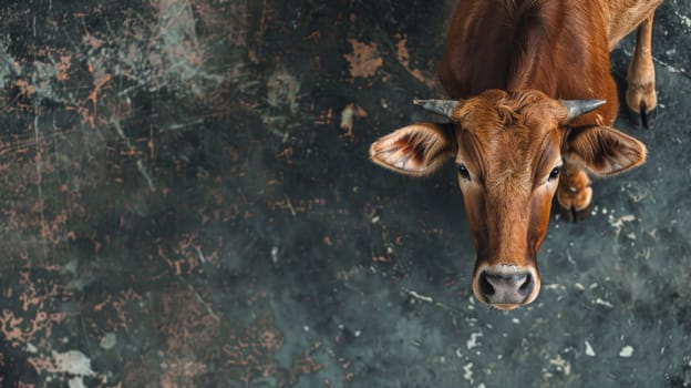 A brown cow is standing on top of a cement floor, looking around its surroundings in a rural setting. The cows fur is a dark brown color, and its hooves rest firmly on the grey surface. The scene captures a moment of stillness as the cow stands on the solid ground.