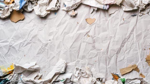 A messy pile of torn up paper is scattered on top of a wooden table, some pieces crumpled while others lay flat. The torn edges of the sheets are visible, indicating rough tearing motions.
