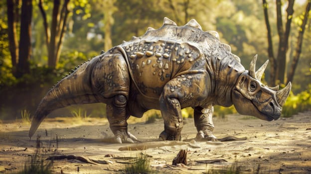 A giant dinosaur, towering over the landscape, strides across a dirt field. Its massive legs leave deep footprints as it moves with powerful and graceful strides, showcasing its immense size and strength.