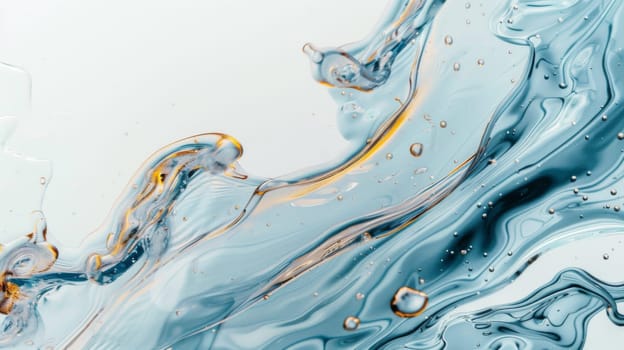 The close-up shot showcases a swirling mixture of vivid blue and yellow liquids. The colors blend seamlessly, creating a vibrant and eye-catching display of fluid dynamics.