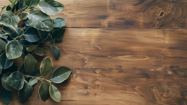 A cluster of fresh green leaves is arranged neatly on top of a rustic wooden table, creating a simple yet striking display of nature indoors.