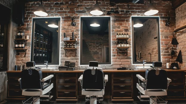 A bustling barber shop filled with numerous chairs and customers getting haircuts and shaves. The brick wall adds a touch of industrial charm to the environment.