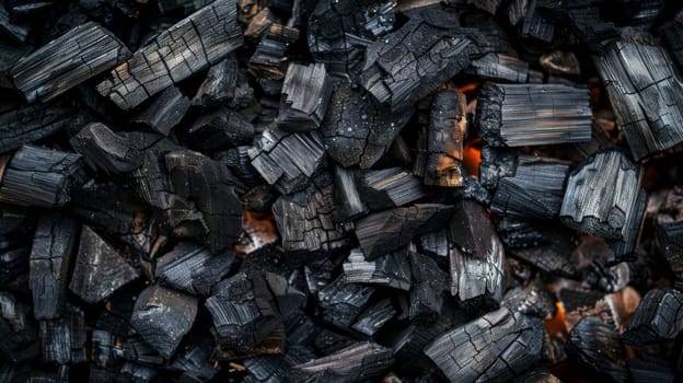 A pile of wood that has been burned, leaving behind charred remnants and ashes. The wood is blackened and brittle, showing signs of complete combustion.